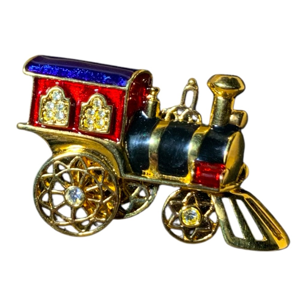 Vintage Avon Smithsonian Red, Blue & Black Enamel Rhinestone Steam Engine Brooch